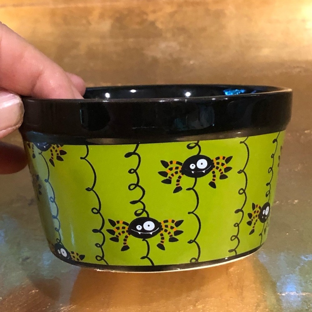 Michaels Halloween Spider Ramekin Small Green Black Excellent Ceramic Snack Bowl